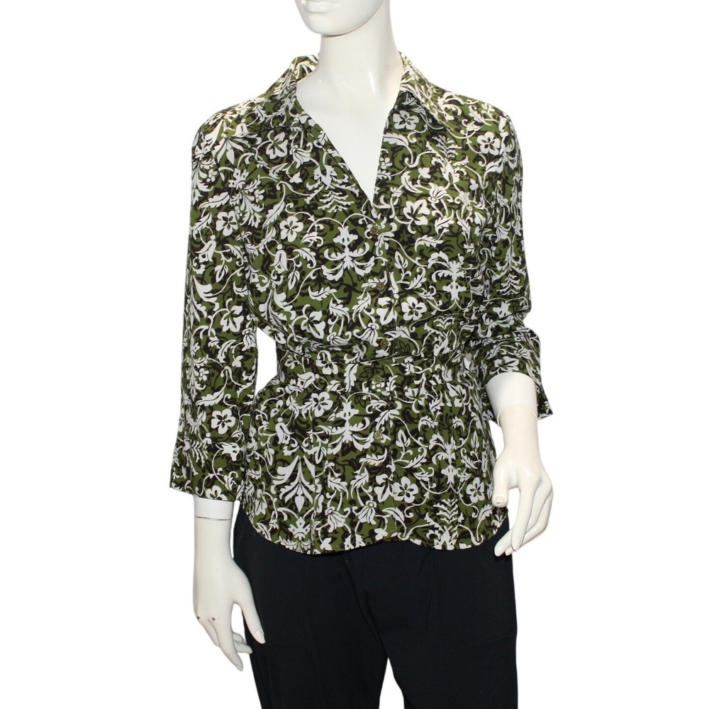 Como Green Floral Button Front Blouse Size L
